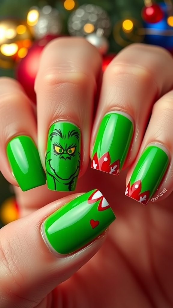 Grinch-themed Christmas nail art with green base, Grinch face, and festive accents.